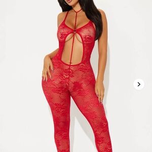 Fashion Nova Keep It Sheer Lace Jumpsuit Bodystocking - Red